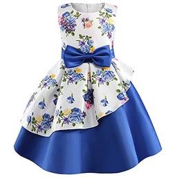 Houfung Vestido infantil de 3 a 9 anos com listras de flores para meninas, roupas infantis, vestido de princesa para festa de casamento, Azul 2, 6