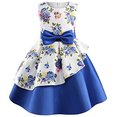 Houfung Vestido infantil de 3 a 9 anos com listras de flores para meninas, roupas infantis, vestido de princesa para festa de casamento, Azul 2, 2T