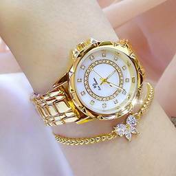 Queenser Relógio de moda feminina Caixa de metal Banda Relógio de pulso analógico Brilhante Relógio de quartzo de diamante