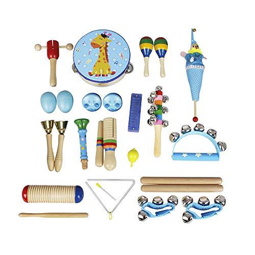 Tomshin Brinquedos musicais Instrumentos de percussão Banda Kit de ritmo para crianças Crianças Toddlers com pandeiro de madeira Guiro Handbells Maracas Trompete pequeno Harmonica