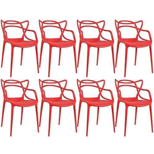 Loft7, Conjunto Kit 8 Cadeiras Design Allegra Polipropileno Injetado Alta Densidade Empilhável Sala Cozinha Jantar Bar Restaurante Jardim Varanda Leve Moderna Proteção UV, Vermelho