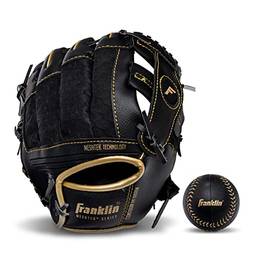 Franklin Sports Conjunto de luvas e bola de tebol da Meshtek – Luva de tebol e espuma de beisebol – Preto/Dourado – 24 cm para mão direita