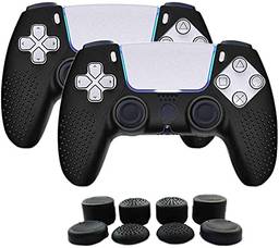 TwiHill PS5 DualSense Controller Skin, Studded Anti-Slip PS5 DualSense Controller Cover Punho de silicone para PS5 Controller (Black Controller Skin x 2 + FPS PRO Thumb Grips x 8)