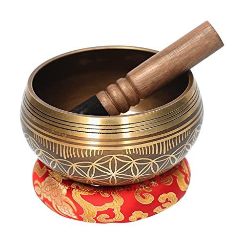 Conjunto de tigela de canto de metal de sino com malho e almofada Flor da vida padrão Struck Bowl Tigela tibetana Musicoterapia budista Meditação Tigela de canto 6.1 * 6.1 * 3.34in
