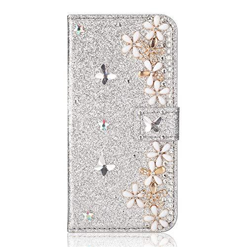 Capa carteira XYX para iPhone 11, capa carteira para iPhone 11, capa carteira de couro PU com design de flor da sorte com glitter para meninas e mulheres para iPhone 11 de 6,1 polegadas (prata)