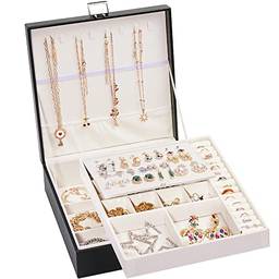 Vtopmart Caixa organizadora de joias para meninas e mulheres, estojo de joias de viagem de 2 camadas para organizador de brincos, grande caixa de armazenamento de joias de couro PU para colar, relógios, pulseiras, anéis, presentes ideais