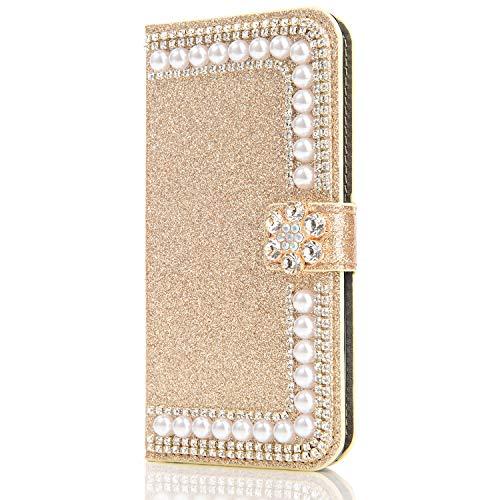 Capa carteira XYX para iPhone 11, capa carteira para iPhone 11, design com fivela de flor de pérolas com glitter e design de fivela de couro PU para meninas e mulheres para iPhone 11 de 6,1 polegadas (dourado)