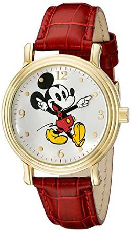 Disney Relógio feminino W001870 Mickey Mouse dourado com pulseira de couro sintético vermelho