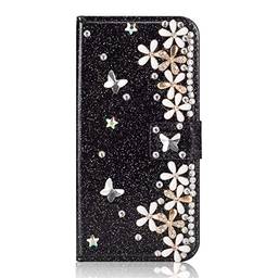 Capa carteira XYX para iPhone 11, capa carteira para iPhone 11, capa carteira de couro PU com design de flor da sorte com glitter para meninas e mulheres para iPhone 11 de 6,1 polegadas (preto)