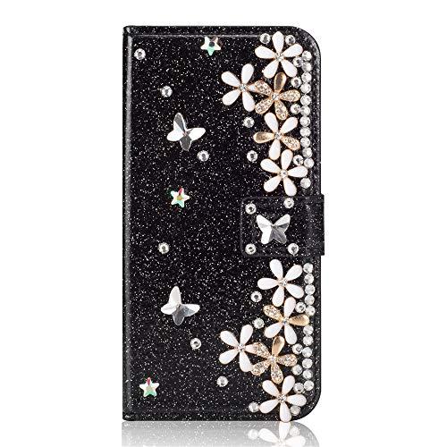 Capa carteira XYX para iPhone 11, capa carteira para iPhone 11, capa carteira de couro PU com design de flor da sorte com glitter para meninas e mulheres para iPhone 11 de 6,1 polegadas (preto)