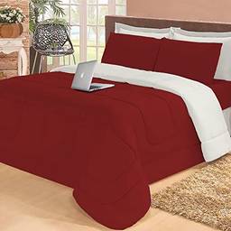 Jogo de cama Casal com edredom lençol fronha função cobre leito e cobertor (Vermelho e palha)