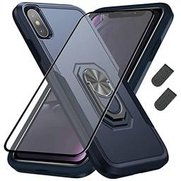 Capa para iPhone X/XS [com 1 película temperada e 2 protetores de dedo] iPhone X/XS capa com suporte magnético giratório de 360 graus - azul
