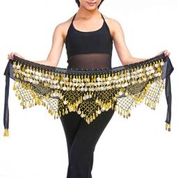 ARTIBETTER Lenço de dança do ventre com saias de moedas douradas, lenço de quadril para dança do ventre para aulas de ioga de Zumba (preto, tamanho livre)