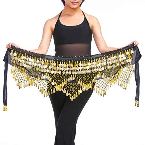 ARTIBETTER Lenço de dança do ventre com saias de moedas douradas, lenço de quadril para dança do ventre para aulas de ioga de Zumba (preto, tamanho livre)