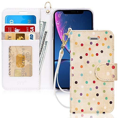 Capa de Celular FYY Para Iphone XR, Flip, PU, Compartimento de Cartão e Suporte - Bolinhas Coloridas