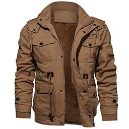JHDESSLY Jaqueta masculina de outono e inverno com zíper, forro de pele sintética, cordão na cintura, casaco cargo (Caqui, M)