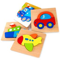 Quebra-cabeças de veículo de madeira ZYLR para crianças 1 2 3 anos de idade, meninos e meninas presentes de brinquedos educativos com 4 padrões de veículos, formas de cores vibrantes brilhantes, caixa