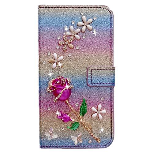 Capa carteira XYX para Samsung Galaxy J6 Plus, [flor rosa 3D] couro PU brilhante glitter capa carteira para mulheres meninas, azul gradiente