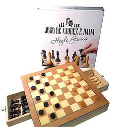 Jogo de xadrez e dama tabuleiro oficial em madeira com gaveta 39 X 39 X 5 cm