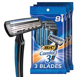 BIC Comfort 3 lâminas descartáveis para homens para um barbear ultra-calmante e confortável, 3 pacotes de 8 lâminas com 3 lâminas, 8 unidades (pacote com 3)