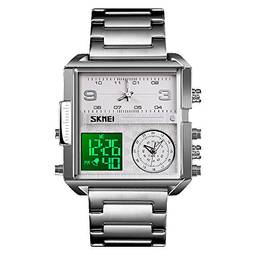 Relógio masculino Esportivo Digital SKMEI, Relógio de pulso de quartzo analógico quadrado de LED grande com cronômetro à prova d'água com fuso multihorário, Negócio, Silver-light, 1.78*1.61*0.55 inch