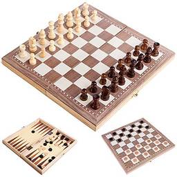 Xadrez Internacional, Romacci Conjunto de xadrez de madeira multifuncional 3 em 1 Jogo de xadrez dobrável Jogos de viagem Jogo de damas de xadrez Jogo de damas e gamão Entretenimento Brinquedos educat