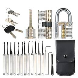 Staright Conjunto de ferramentas de seleção de fechaduras de 15 unidades com cadeado de treinamento de três práticas transparentes para serralheiros iniciantes e profissionais