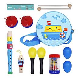 Tomshin Conjunto de Brinquedos Musicais Instrumento de Percussão Banda Kit de Ritmo 8 Tipos 13pcs Educação Musical Pré-Escolar para Crianças Crianças Toddlers Incluindo Bateria Dupla Face/Bateria