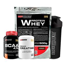 Kit Whey Protein 500g Chocolate + BCAA 4,5 100g + Power Creatine 100g + Coqueteleira – Bodybuilders