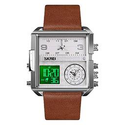 Relógio masculino Esportivo Digital SKMEI, Relógio de pulso de quartzo analógico quadrado de LED grande com cronômetro à prova d'água com fuso multihorário, Negócio, Silver Brown-light, 1.78*1.61*0.55 inch