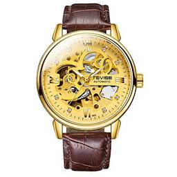 Loijon Homens Relógios Esqueleto Mecânico Automático Relógio Pulseira de Couro Genuíno Mãos Luminosas 3ATM À Prova D 'Água Moda Masculina relógio de Pulso de Ouro