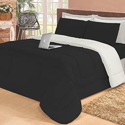 Jogo de cama Casal com edredom lençol fronha função cobre leito e cobertor (Preto e Branco)