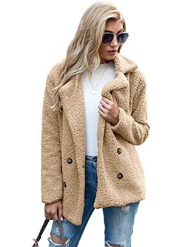 Casaco de lã feminino com lapela de pele falsa, casaco de inverno, confortável, quente, casaco (CAQUI,2XG)