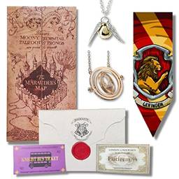 Kit Grifinória: Mapa do Maroto + Carta Aceitação Hogwarts + Colar Vira-Tempo Hermione & Colar Pomo de Ouro + Poster - Harry Potter