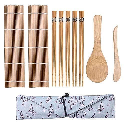 Kit de fabricação de sushi, esteira de bambu para sushi, incluindo 2 tapetes de sushi, 5 pares de pauzinhos, 1 pá, 1 espalhador, 1 saco de algodão, ideal para iniciantes