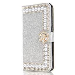 Capa carteira XYX para iPhone 11, capa carteira para iPhone 11, design com fivela de flor de pérolas com glitter e design de fivela de couro PU para meninas e mulheres para iPhone 11 de 6,1 polegadas (prata)