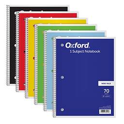 OXFORD Pacote com 6 cadernos espirais, 1 assunto, papel pautado largo, 20 x 26 cm, azul, amarelo, vermelho, azul claro, verde e preto, 70 folhas (65010), Cor: Sortidas