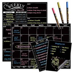 JJPRO Calendário mensal de quadro-negro magnético – Conjunto semanal de quadro negro com marcadores de giz líquido neon brilhante – lista de compras e bloco de notas bônus para geladeira incluído