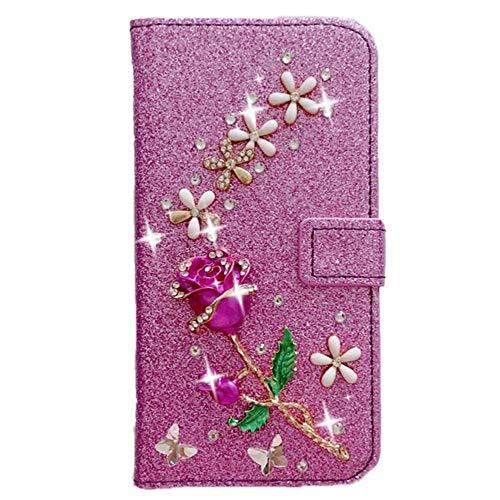 Capa carteira XYX para Samsung Galaxy A21S SM-A217, [flor rosa 3D] capa carteira de couro PU brilhante com glitter para mulheres e meninas, roxo