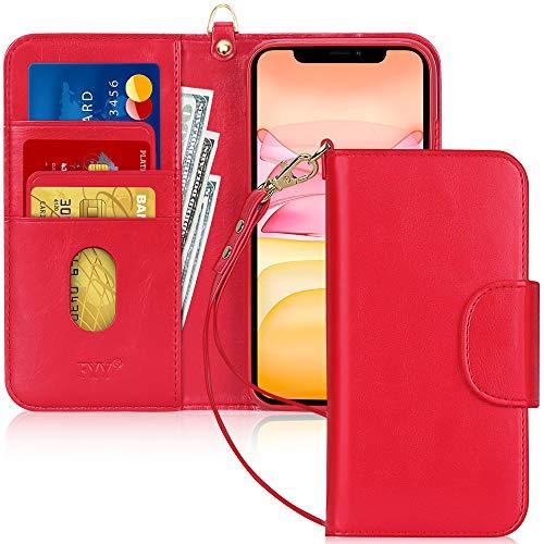 Capa de Celular FYY, Couro PU, Suporte, Compartimentos para Cartão, Bolso para Notas, Compatível com Iphone 11 - Vermelho
