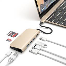 Satechi Adaptador de alumínio multi-portas 4K HDMI, USB-C Pass Through, Gigabit Ethernet, leitores de cartão SD/Micro, USB 3.0 - Compatível com MacBook Pro/Air M1 2020, iPad Pro M1 (Ouro)