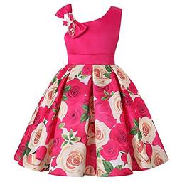 Houfung Vestido infantil de 3 a 9 anos com listras de flores para meninas, roupas infantis, vestido de princesa para festa de casamento, Rosa 11, 3T