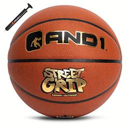 AND1 Bola de basquete e bomba de basquete de couro composto premium Street Grip - Tamanho oficial 7 (75 cm), feita para jogos de basquete em ambientes internos e externos (laranja)