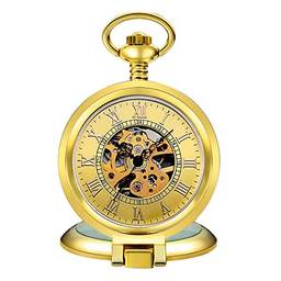 Relógio de bolso mecânico Big Flip Fashion Esqueleto Dourado Perspectiva