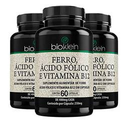 Ferro, Ácido Fólico e Vitamina B12-3 unidades de 60 Cápsulas - Bioklein