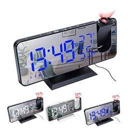 XFTOPSE Rádio relógio, despertador digital com projeção de LED para quarto, relógio espelhado digital com carregador USB, despertador com função dupla de temperatura e umidade para pessoas com sono pesado, com 4 reguladores de intensidade de luz, com 180° de projeção