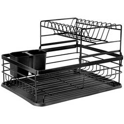 Cabilock Escorredor de louças de cozinha com 2 níveis para pia de pratos, suporte de utensílios de cozinha para bancada de cozinha preto