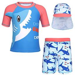 Cotrio Maiô de duas peças crianças meninos sharks rashguard camisas de natação roupa de banho com Shorts + Boné tamanho 7T / 5-6 anos azul
