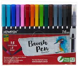 Caneta Ponta Pincel, Newpen, Brush Pen, Newpen, 15 Cores + 1 Blender, 16 unidades