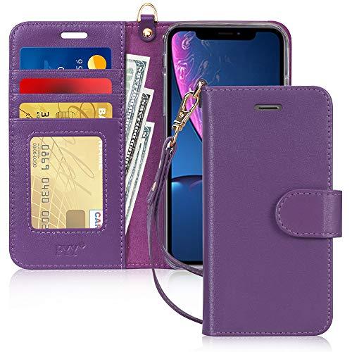 Capa FYY para iPhone Xr (6,1") 2018, [Recurso de suporte] Capa carteira flip de couro genuíno com bolsos para documentos e cartões de crédito para iPhone XR (6,1") 2018 Roxo